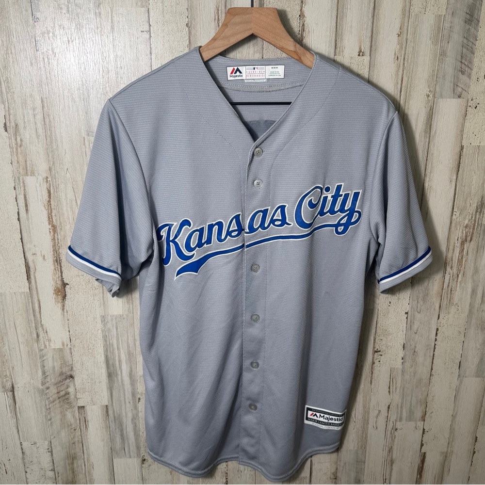 Majestic Kansas City Gray Blue Embroidered Baseball‎ Button Jersey Shirt Mens M
